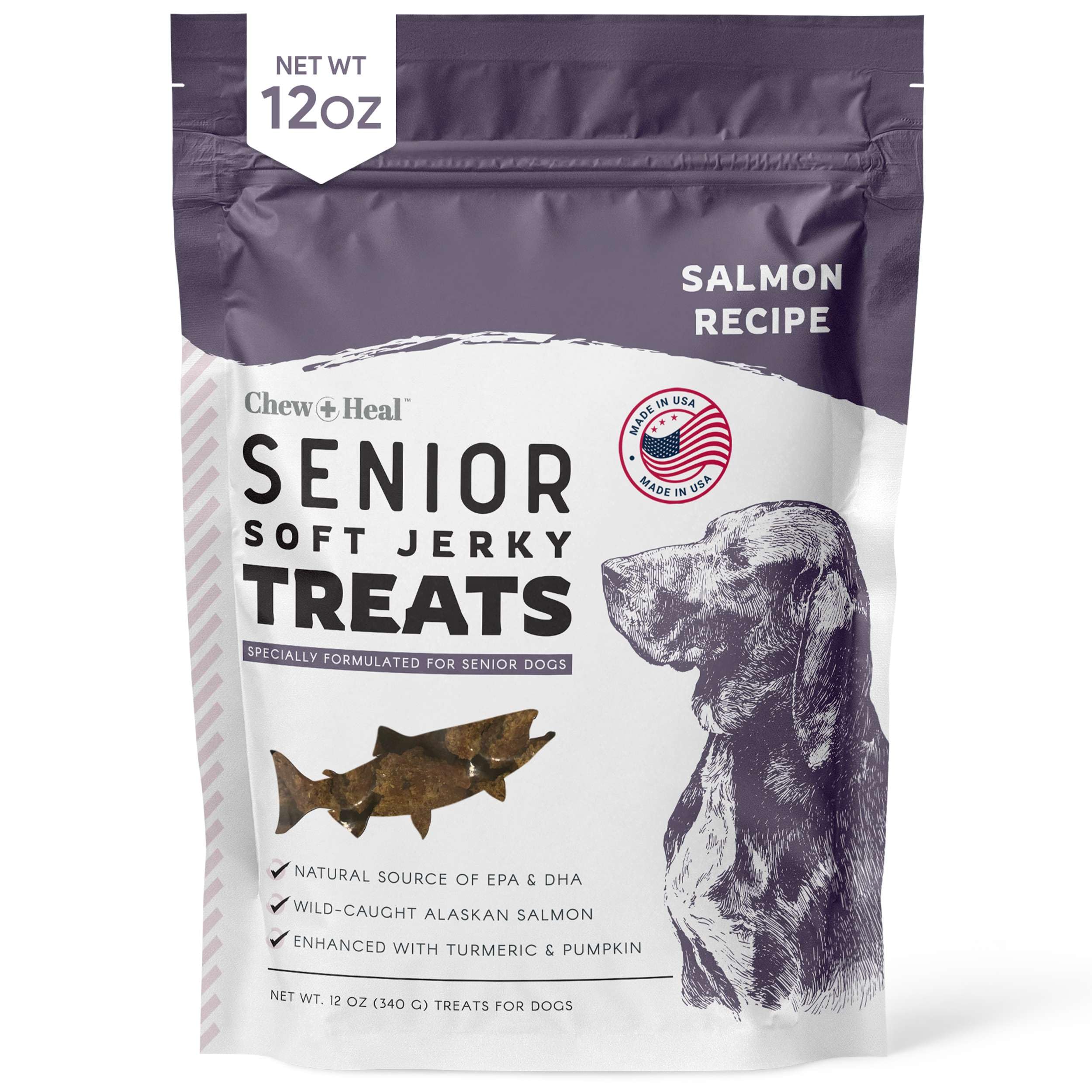 Chew + Heal Labs Senior Soft Jerky Salmón 12 oz, empaque práctico para perros mayores.