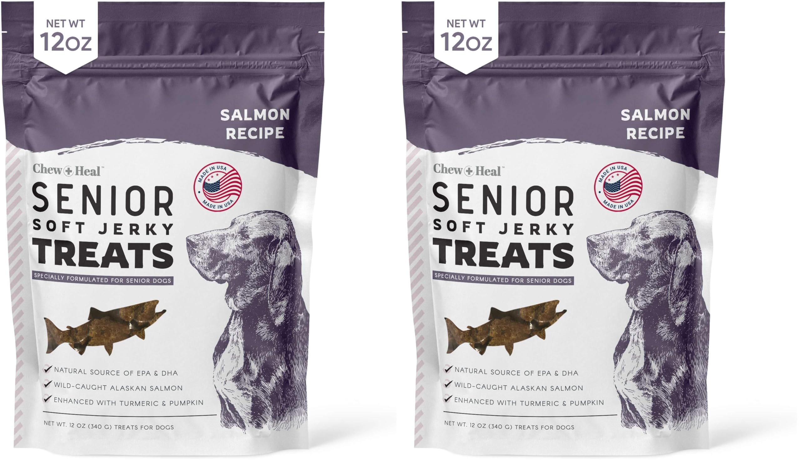 Chew + Heal Labs Senior Soft Jerky Salmón: empaque doble de 12 oz para perros mayores.