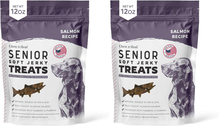 Chew + Heal Labs Senior Soft Jerky Salmón: empaque doble de 12 oz para perros mayores.