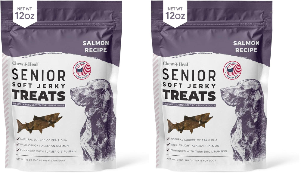 Chew + Heal Labs Senior Soft Jerky Salmón: empaque doble de 12 oz para perros mayores.