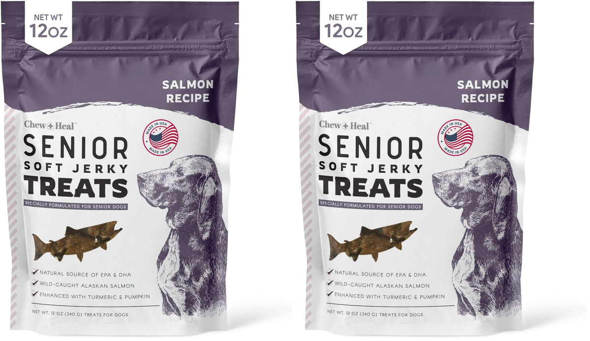 Chew + Heal Labs Senior Soft Jerky Salmón: empaque doble de 12 oz para perros mayores.