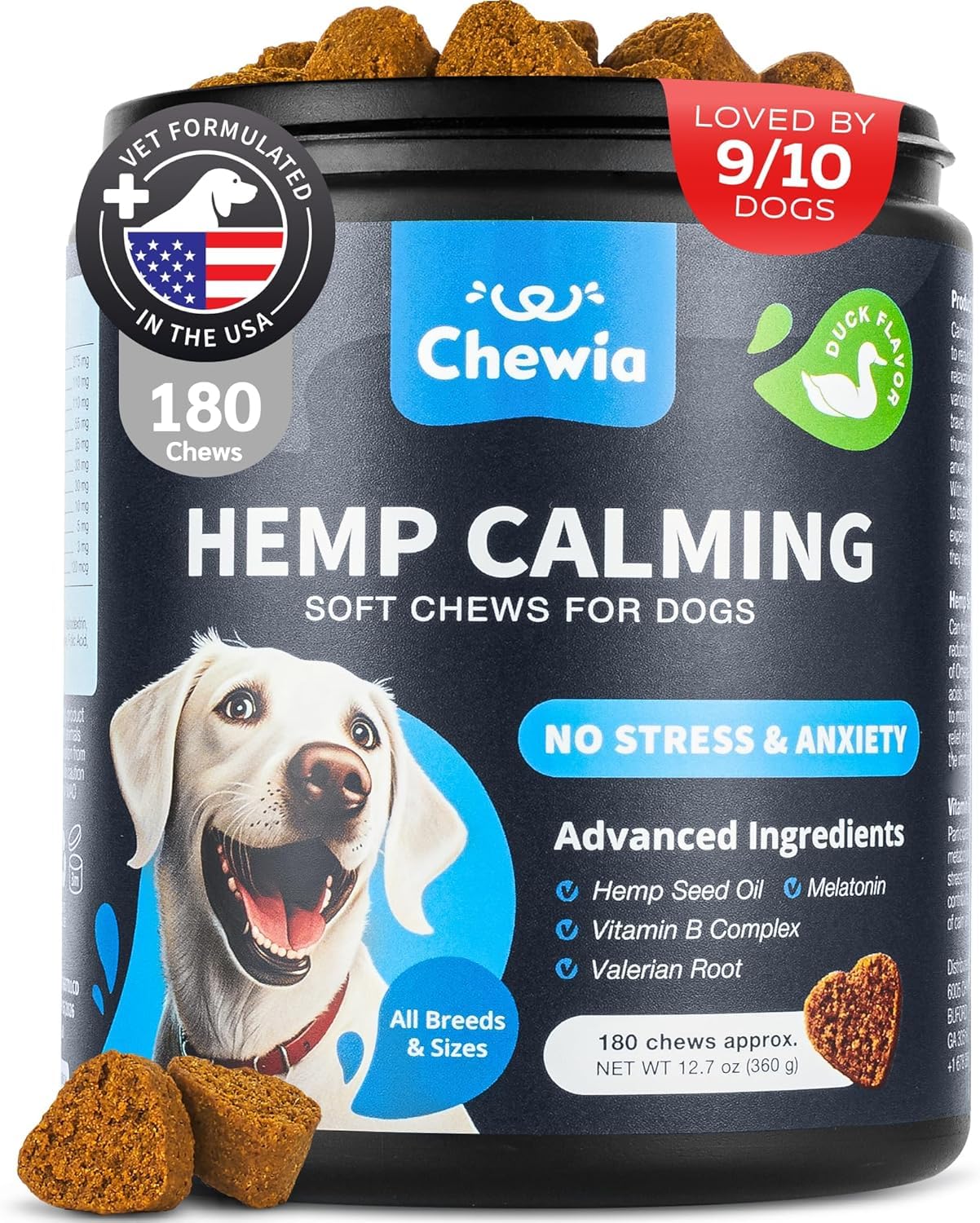 CHEWIA, golosinas calmantes para perros, botella, ayuda a la calma en casa.