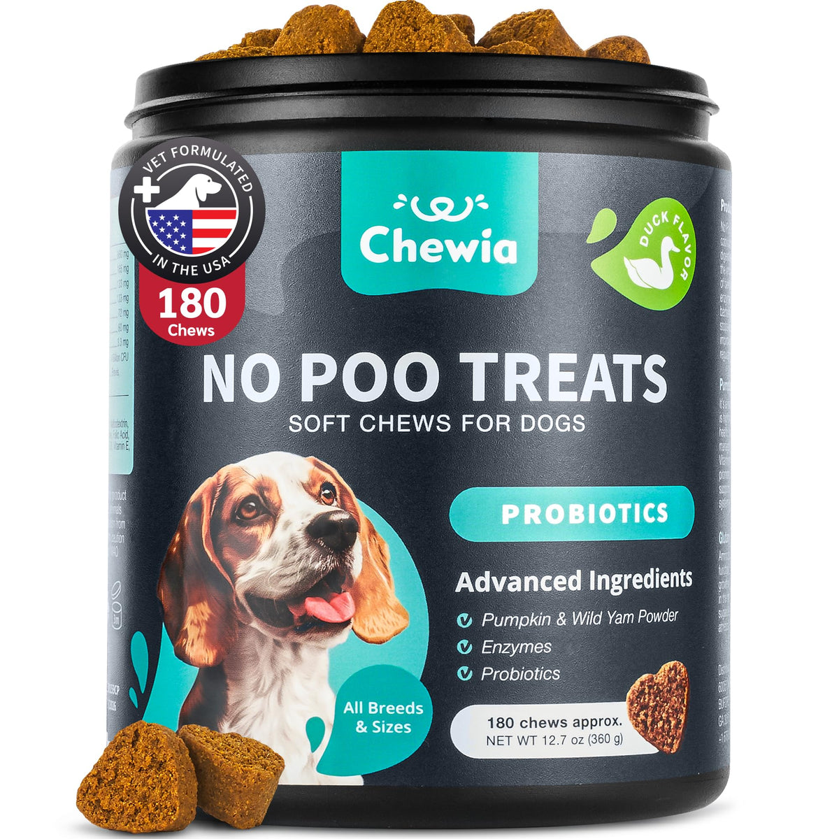 CHEWIA No Poo Chews para perros, empaque visible, enfoque en deterrencia de coprofagia