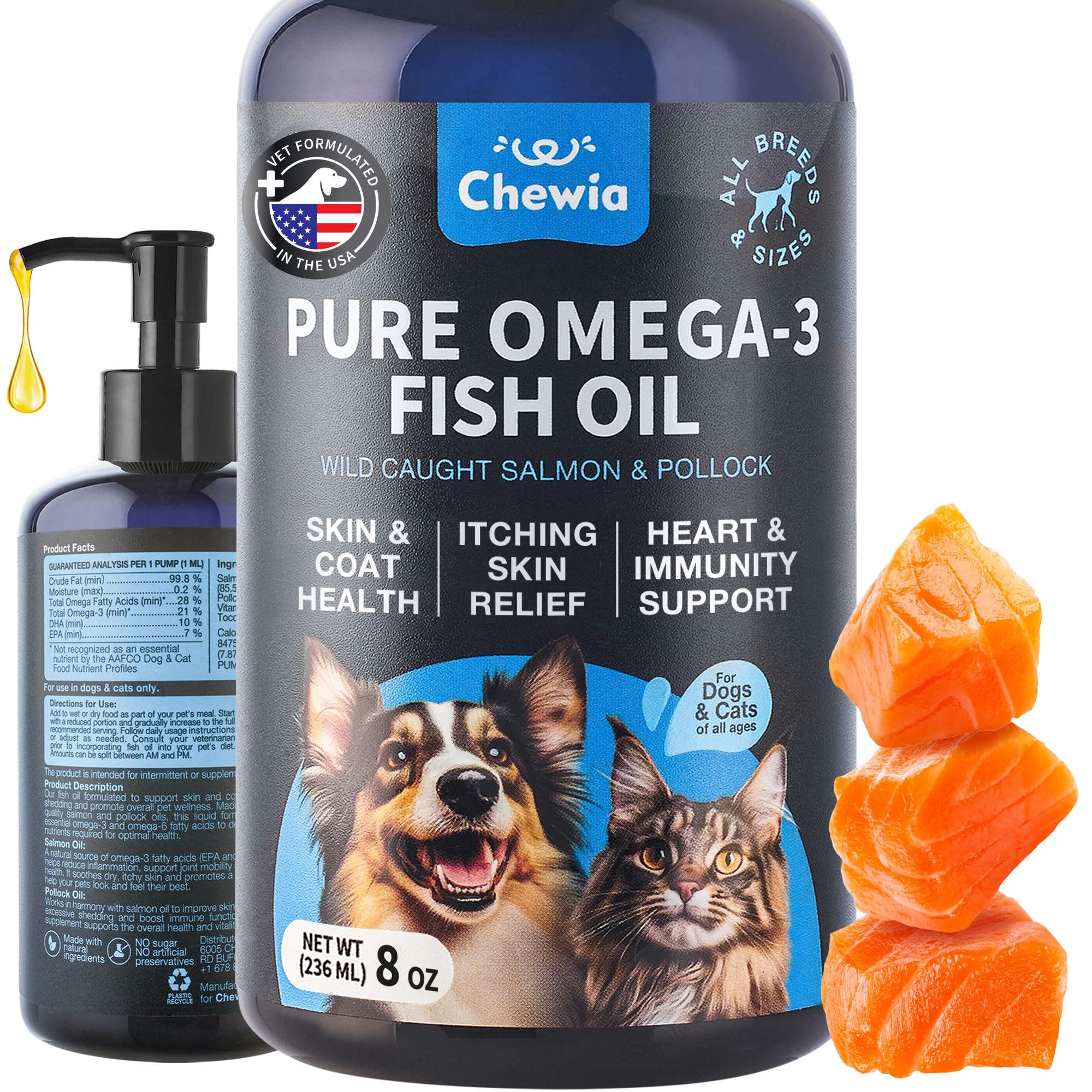 CHEWIA omega3: botella de aceite de pescado para perros y gatos, fácil de usar.