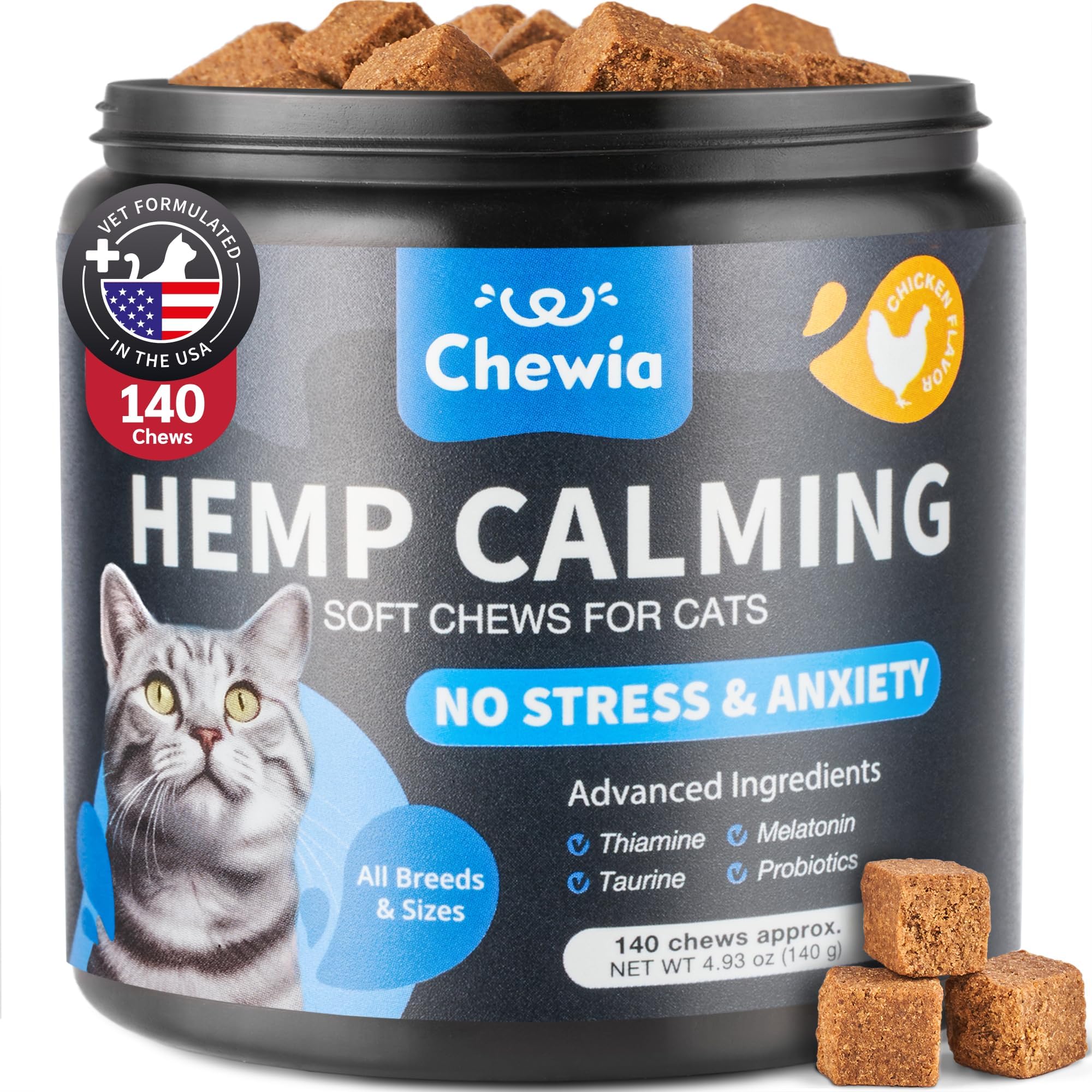 CHEWIA gominolas calmantes para gatos en envase, apoyo ante el estrés diario