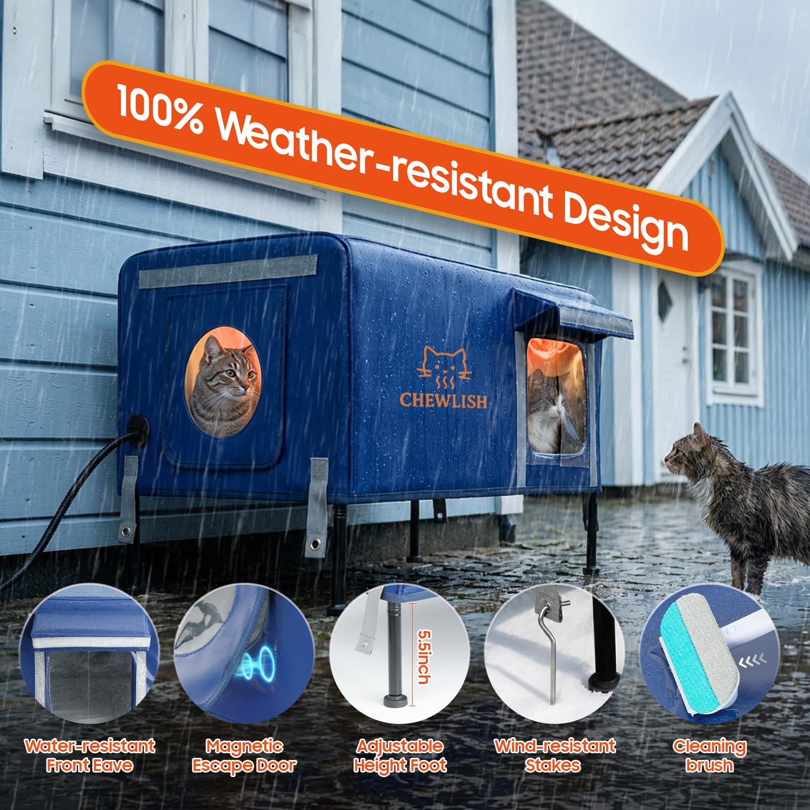 Chewlish casa-gato-exterior-tejado-impermeable ofrece protección frente a lluvia y viento.
