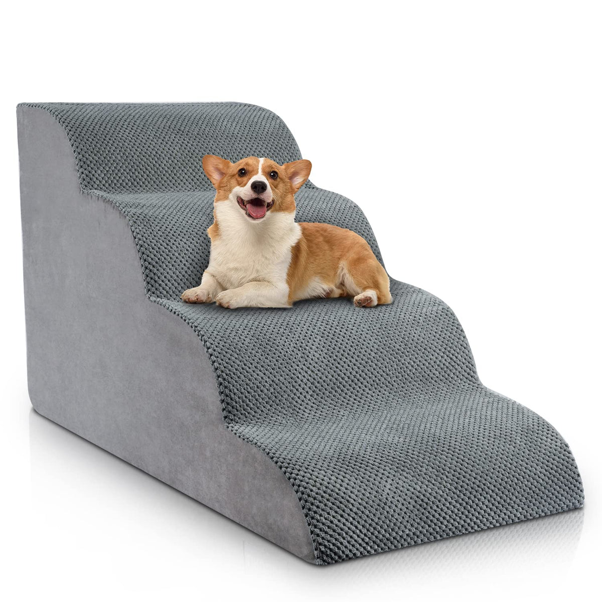 Chic Threads escaleras para perro hacia cama alta con cuatro pasos, subida suave.