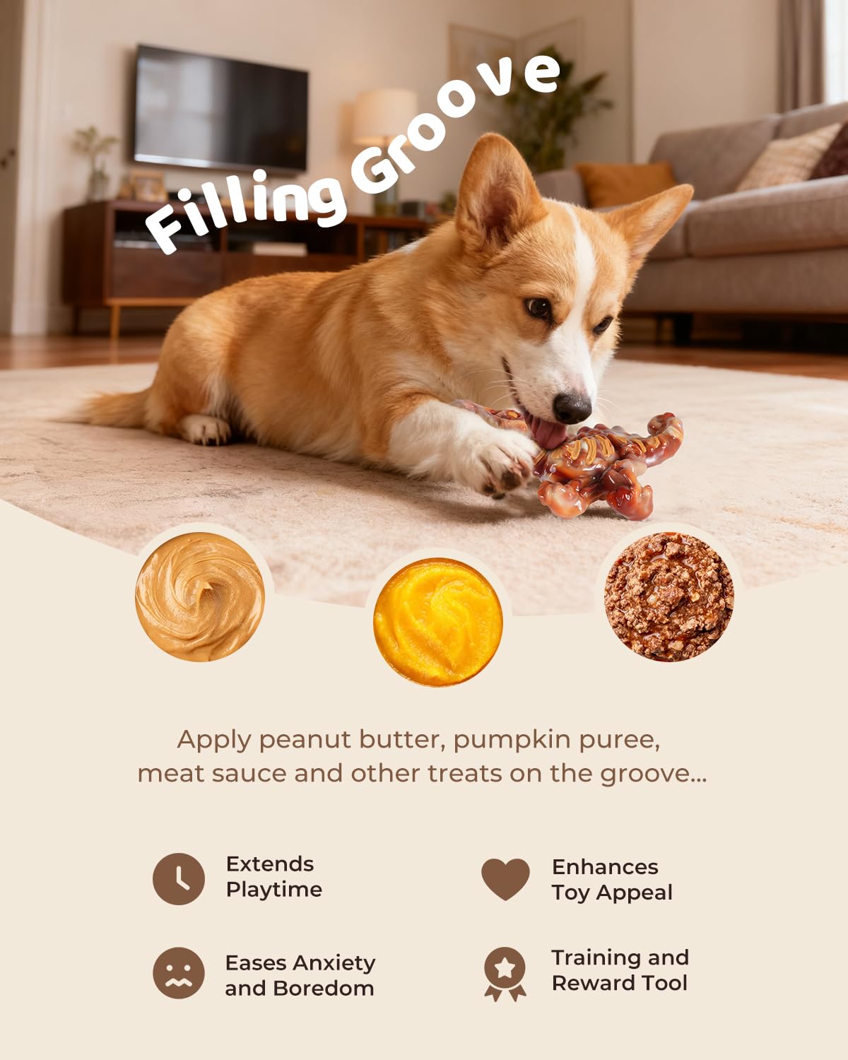 Juguete con surcos para mantequilla de maní de ChienBox para juego mejorado.