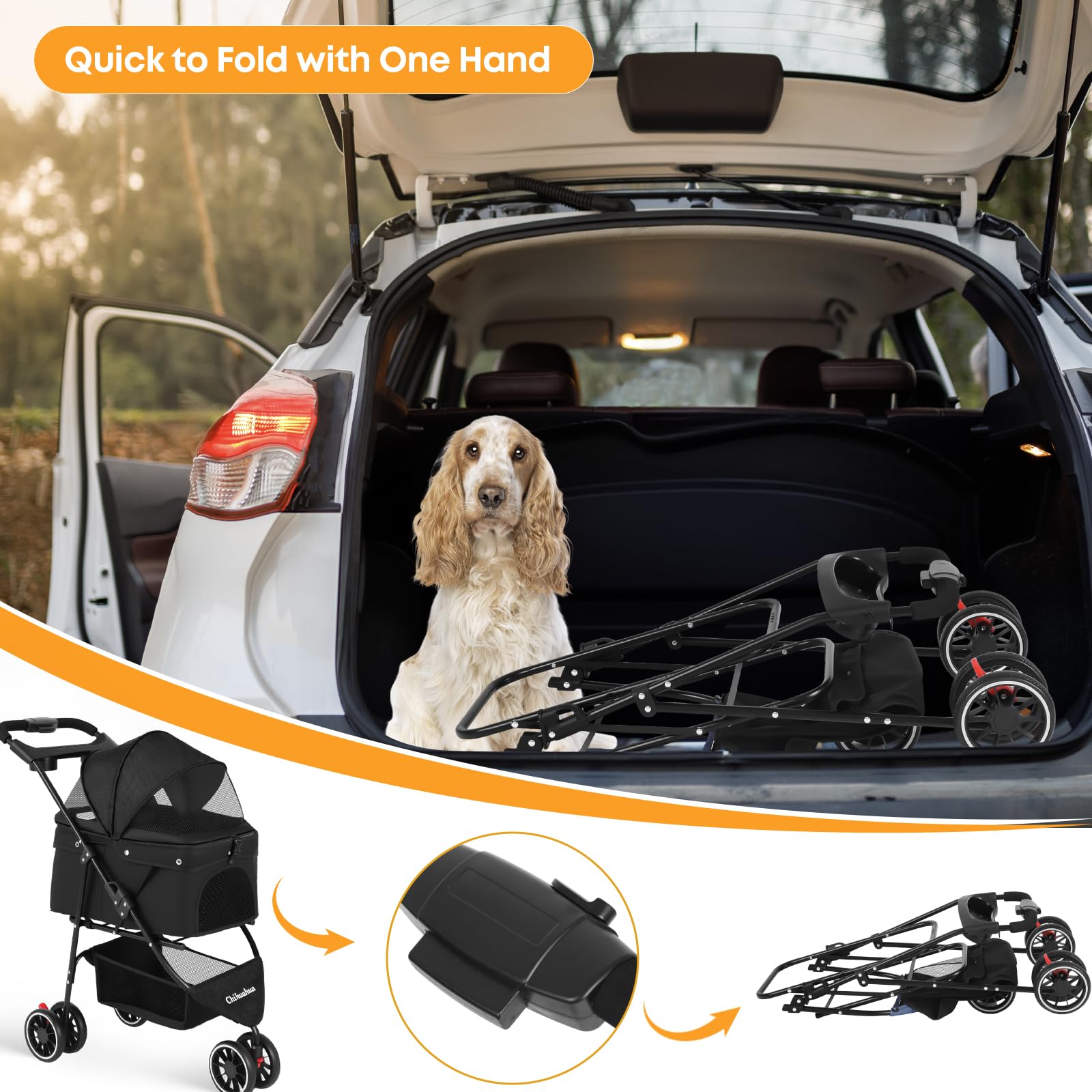 Chihuahua ruedas delanteras con giro de 360 grados para maniobras fluidas.
