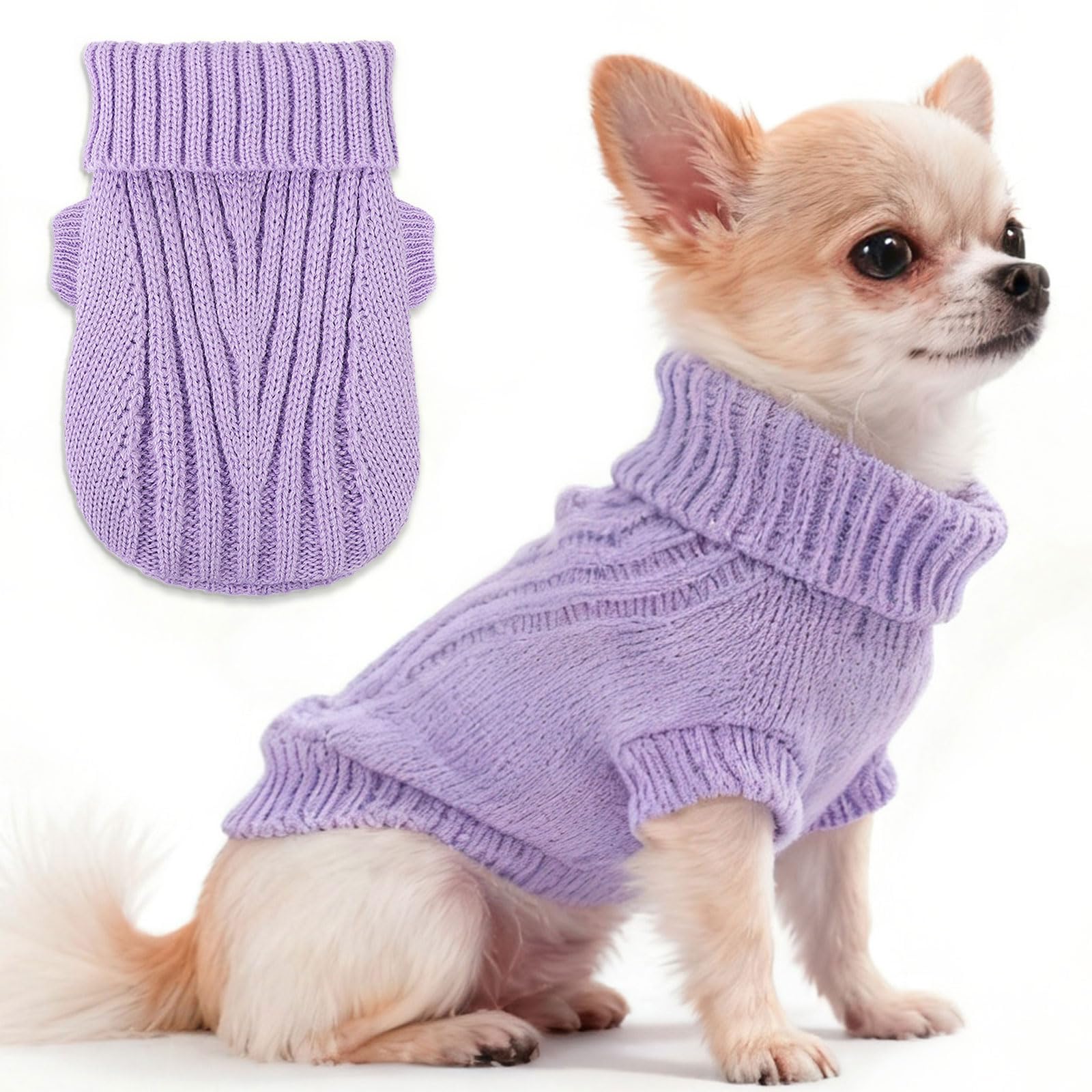 Chihuahua suéter púrpura XXS, cálido y cómodo para paseos fríos.