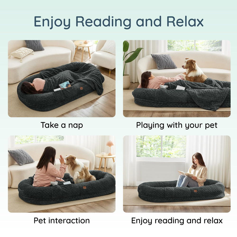 ChiXnuggle cama humana gigante con dimensiones 72x40x10 pulgadas.
