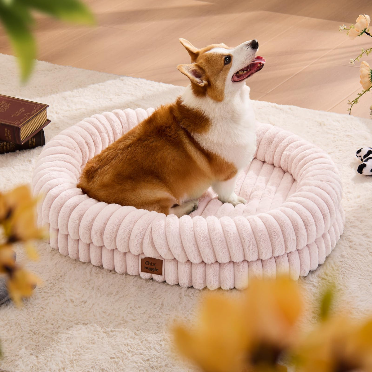 ChiXnuggle cama para perro grande, descanso cómodo en diseño de rayas rosa