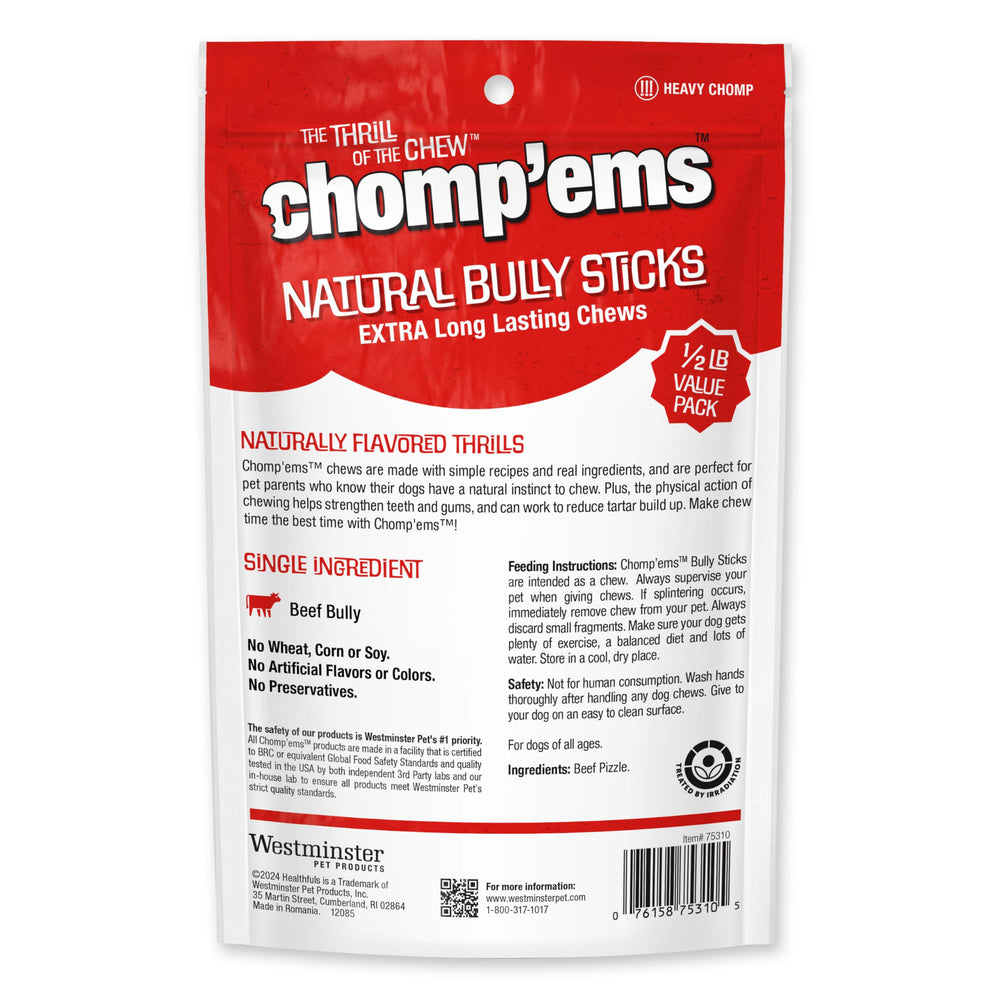 CHOMP'EMS perro masticando bully, snack proteico sin rellenos artificiales