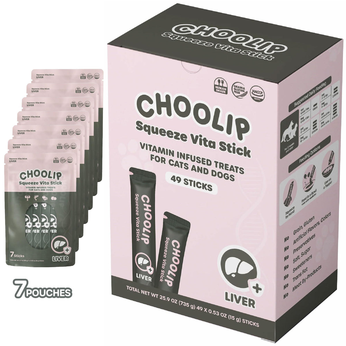 Choolip Squeeze Vita Stick: empaque visible, complemento práctico para mascotas en casa.