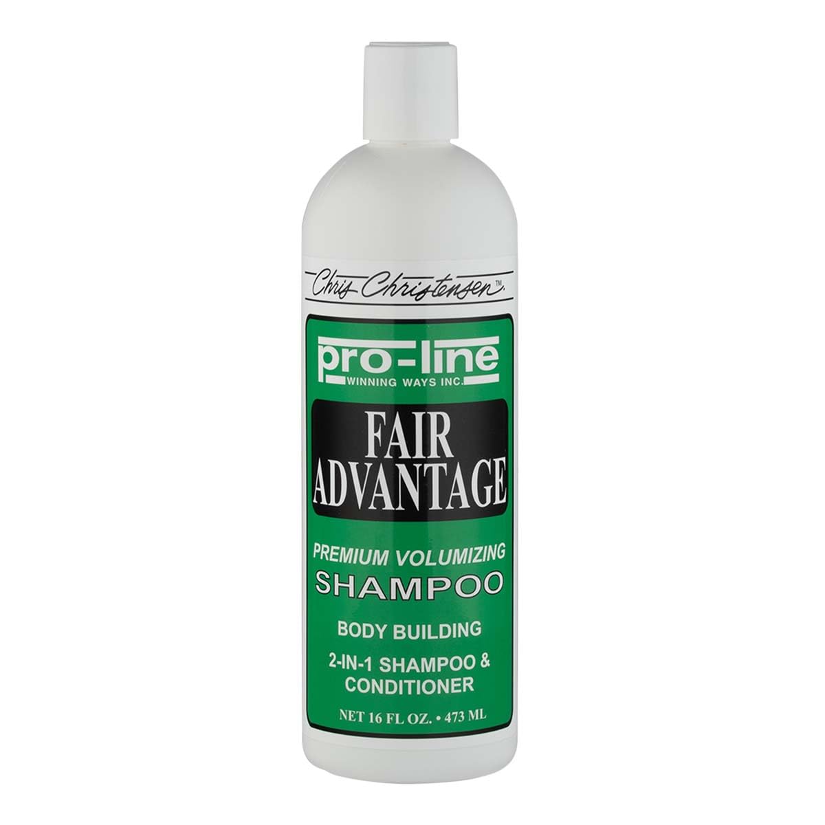 Chris Christensen Pro-line Fair Advantage Shampoo, botella destacada para cuerpo y brillo.
