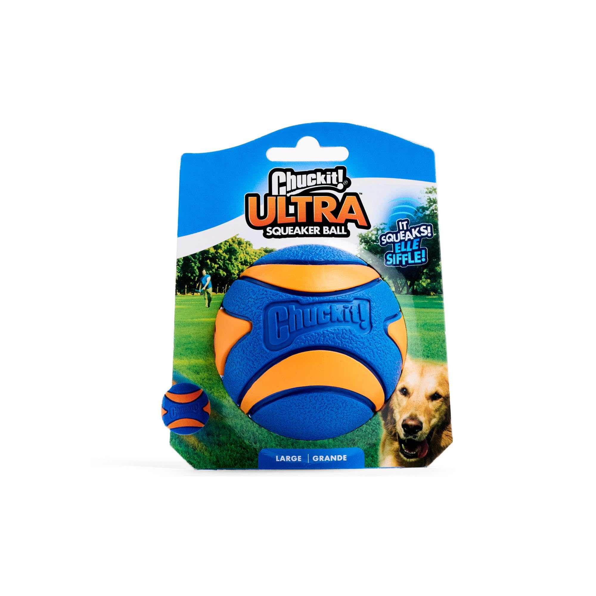 Chuckit! Ultra Squeaker Ball para perros grandes, color naranja-azul, alta visibilidad.