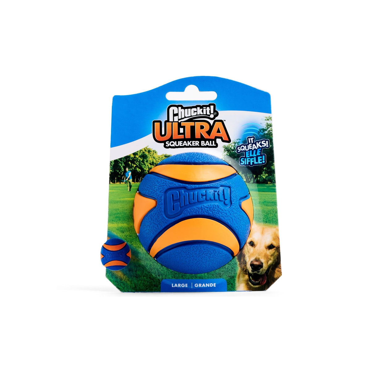 Chuckit! Ultra Squeaker Ball para perros grandes, color naranja-azul, alta visibilidad.