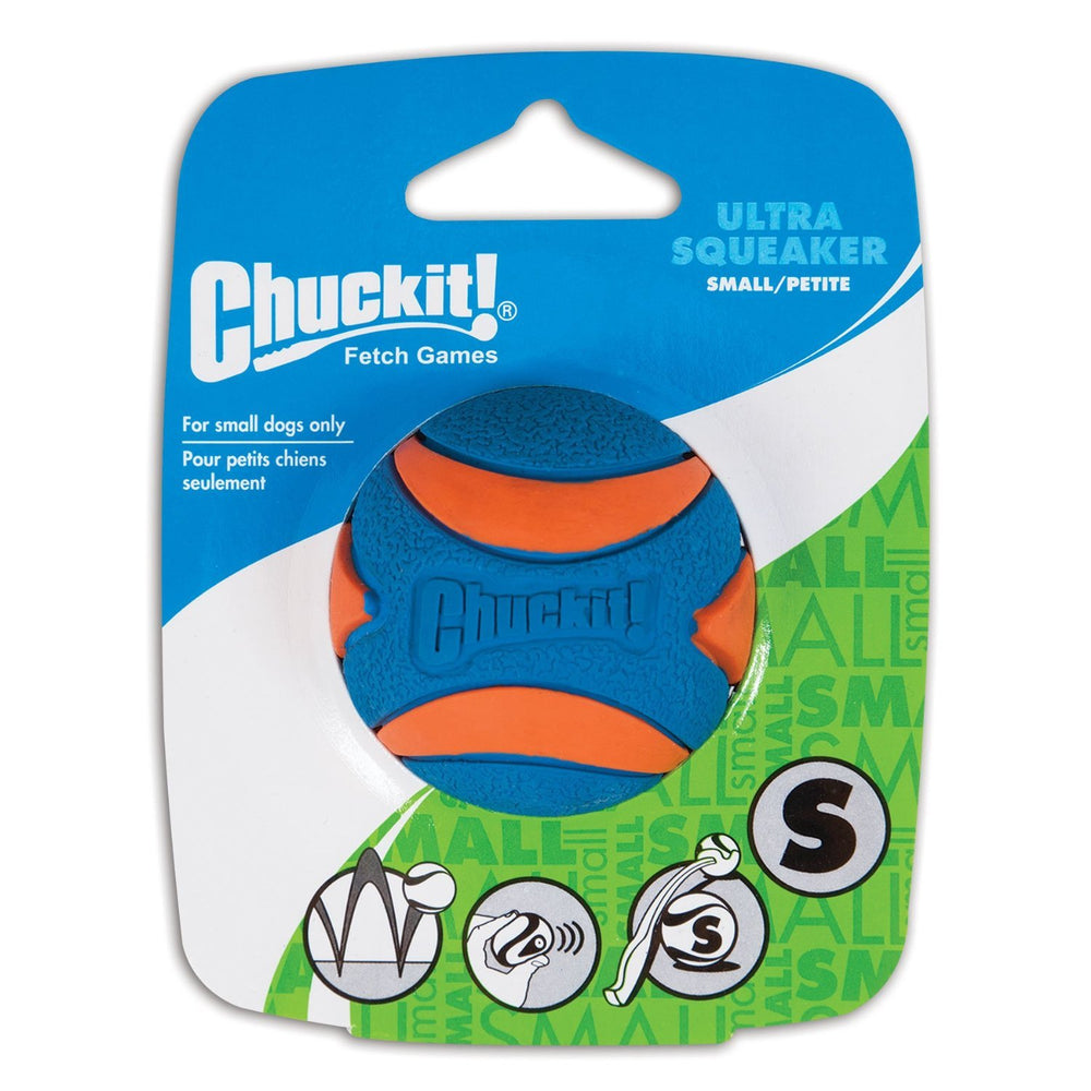 Chuckit! Ultra Squeaker Ball pequeña, empaquetada en 4pack, ideal para juegos en casa.