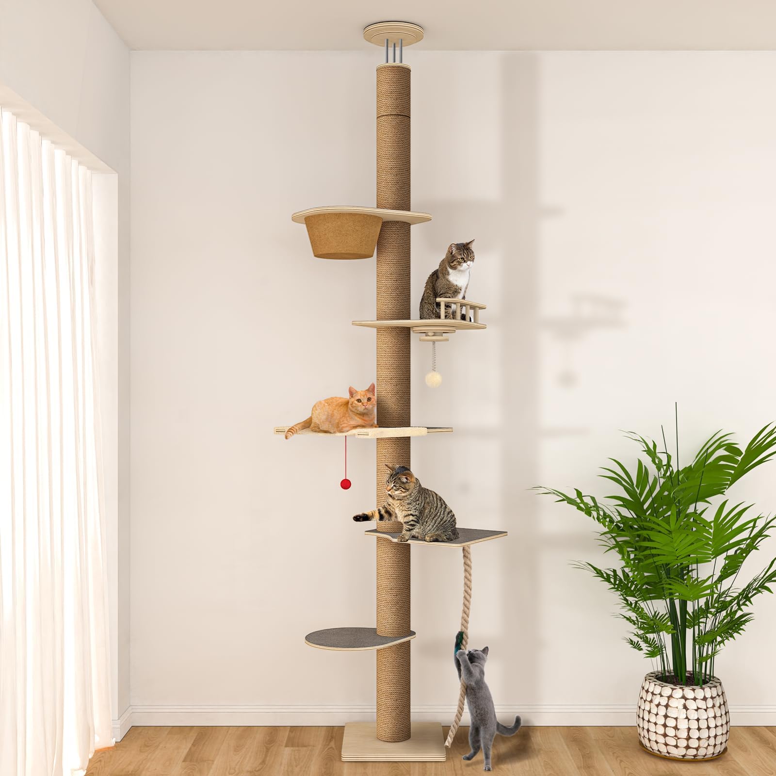 Chuiendi árbol gato piso-techo ajustable para techos variados y mejor uso del espacio.