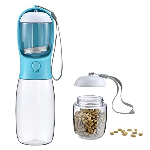 Botella Cibaabo para perros con contenedor de alimento compacto, ideal para caminatas.