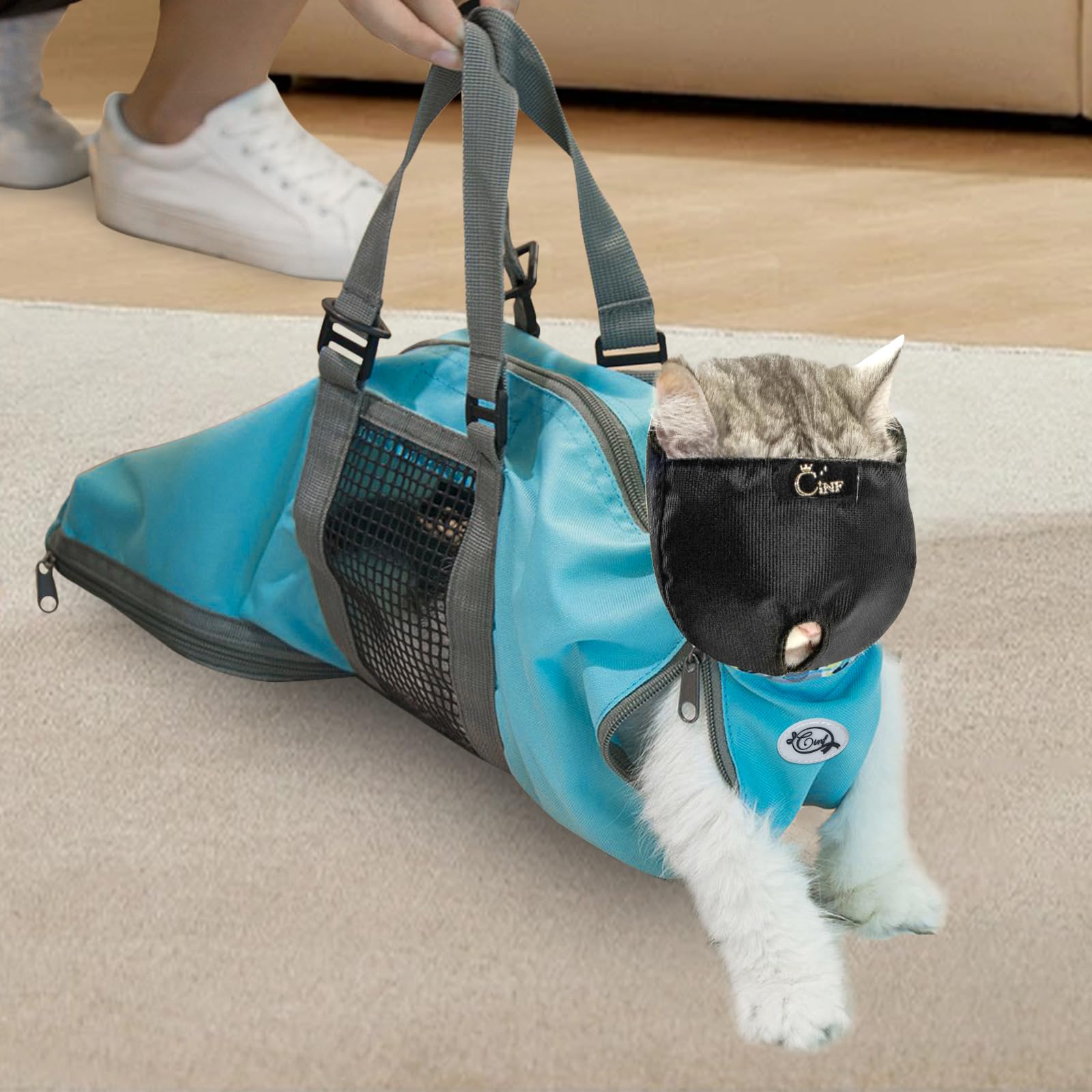 Bozal Cinf para gatos azul en talla M, seguridad durante el baño.