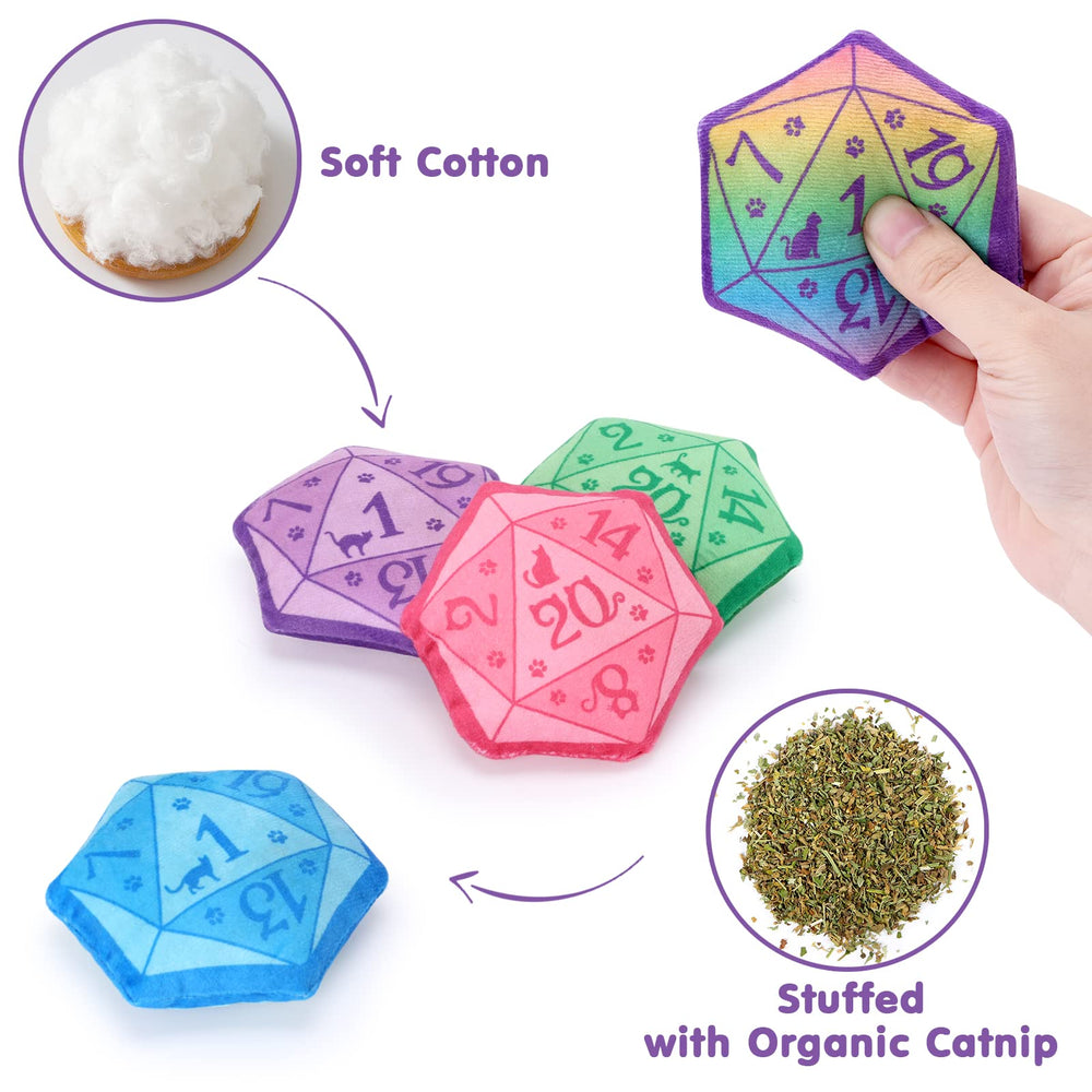 Dado D20 de felpa con catnip de CiyvoLyeen para estimulación y ejercicio.