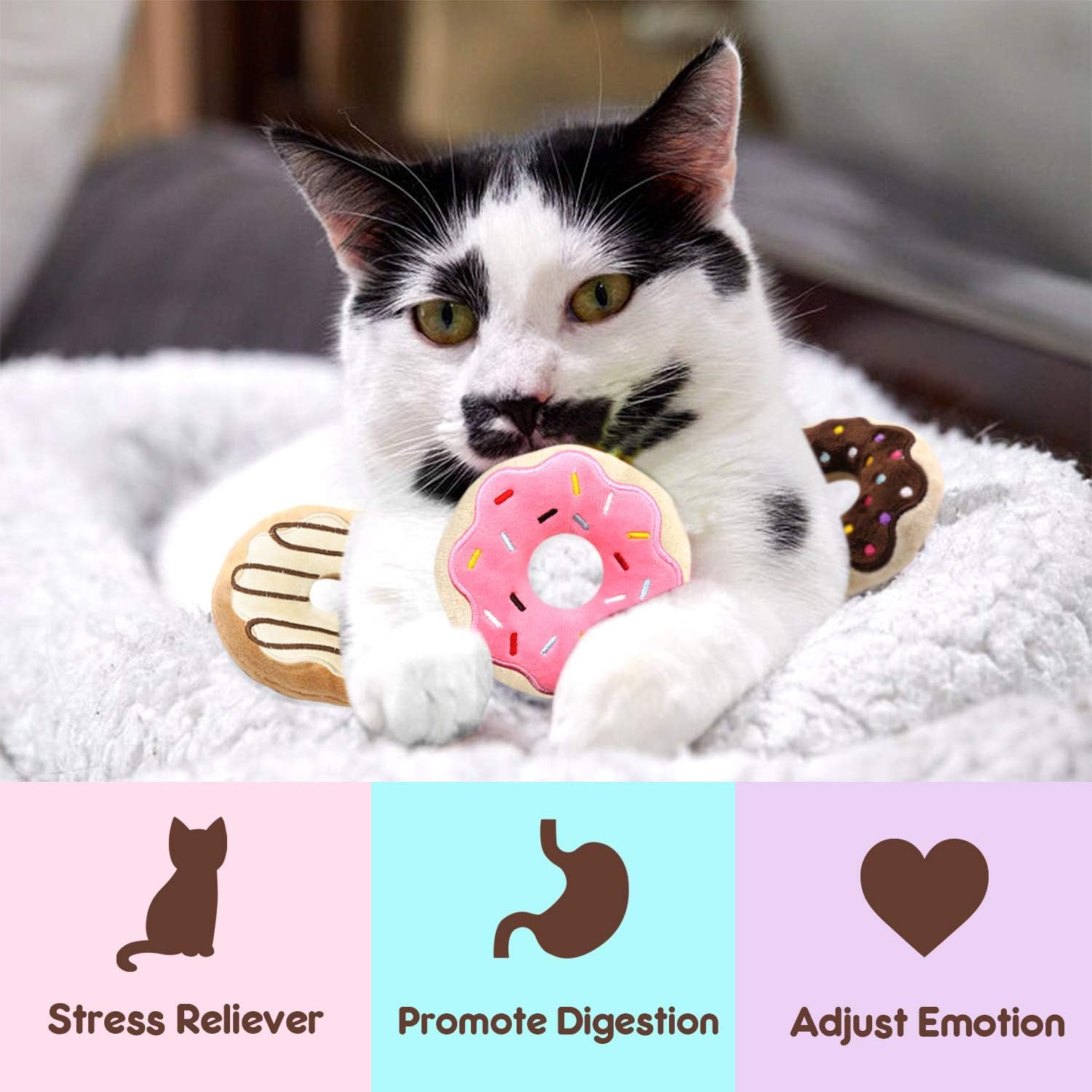 CiyvoLyeen donut-catnip-almohada: juguete suave que invita a juego y descanso.