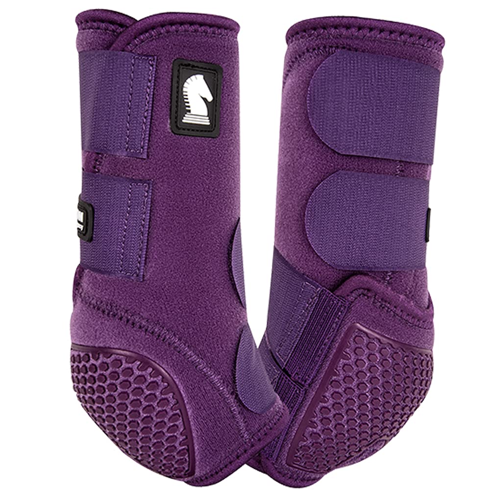 Botas Flexion traseras Classic Equine moradas vistas exteriores, ofrecen protección y ajuste cómodo.