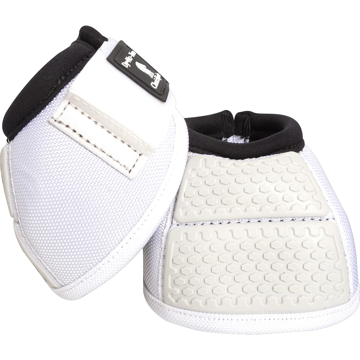 Classic Equine Flexion sin giro, vista frontal de botas de casco blancas, repelente al agua.