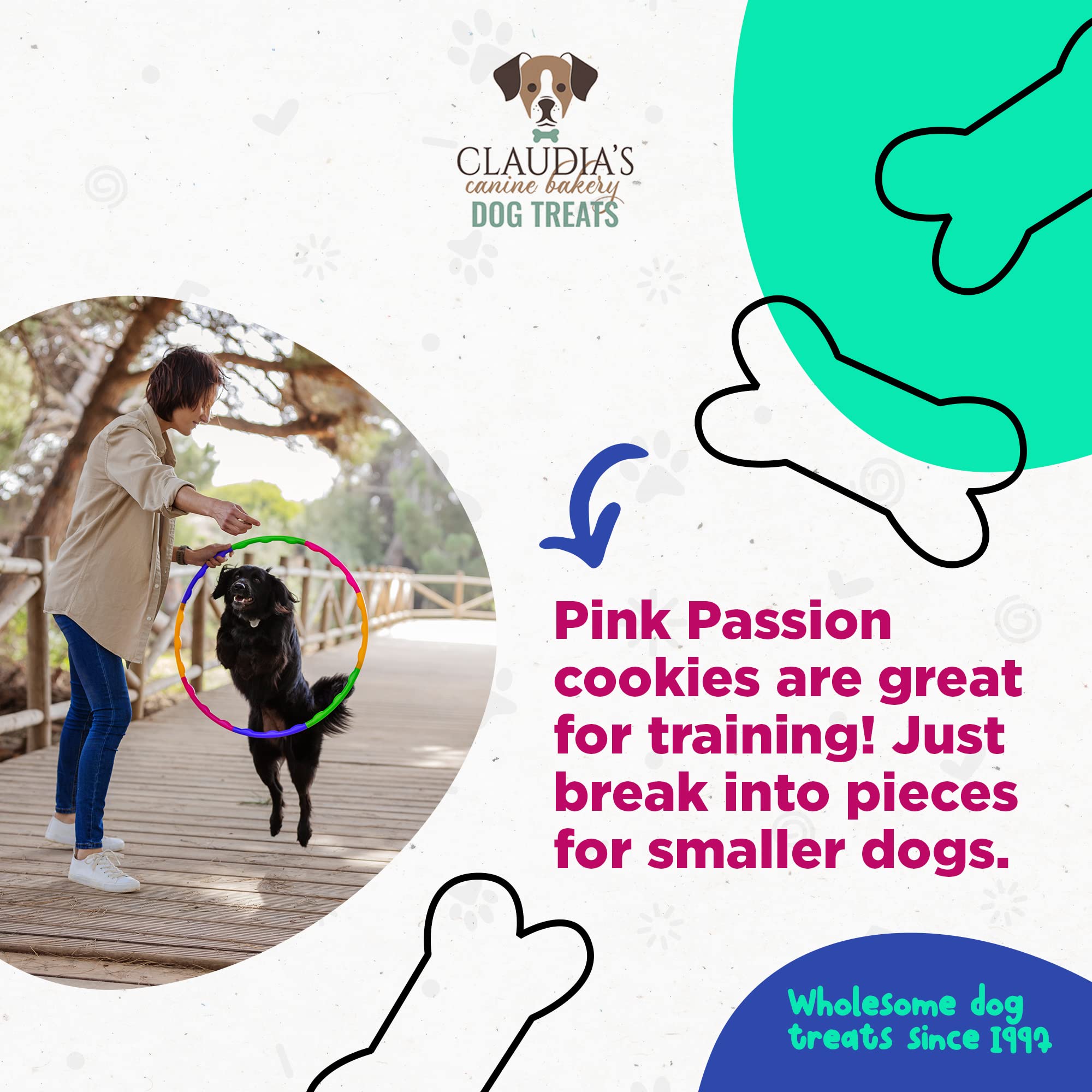 Panadería Canina de Claudia galletas rosa-pasión para entrenamiento positivo.