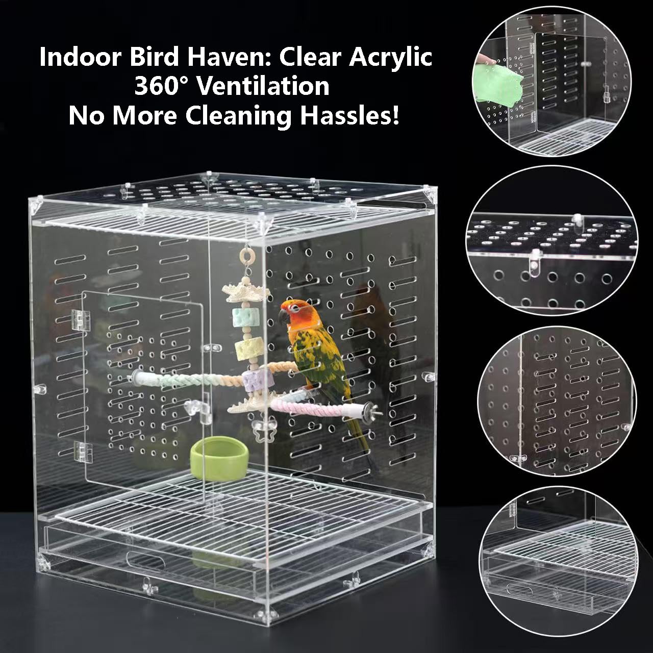 Jaula acrílica clara para aves: interior espacioso para movimientos.