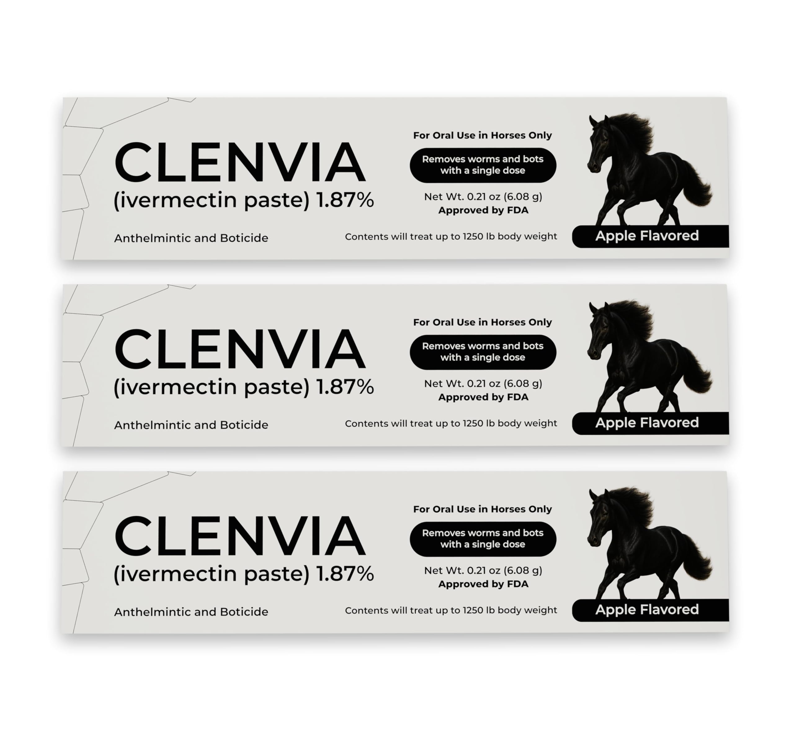 CLENVIA Pasta equina, sabor manzana, facilita la administración.