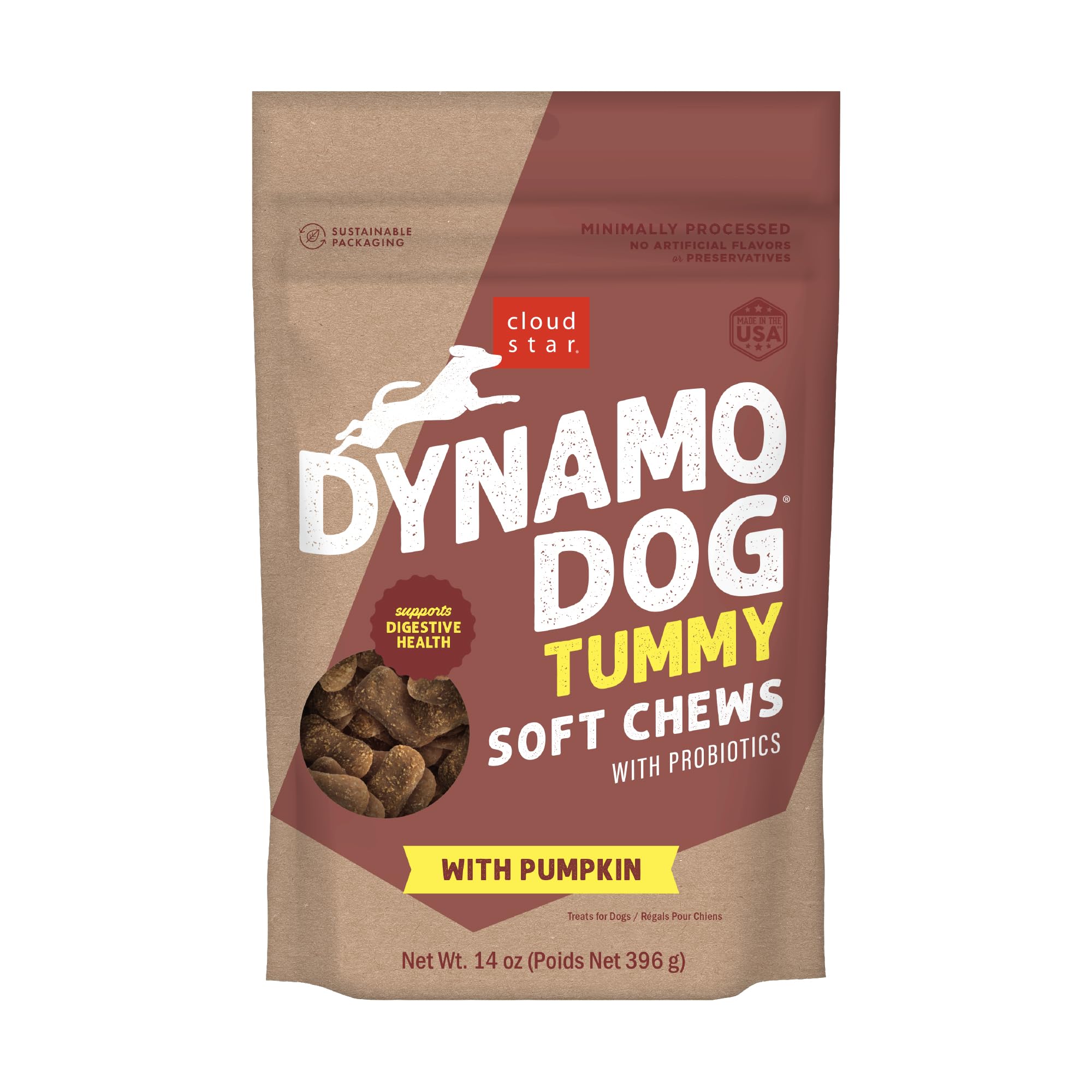 Cloud Star Dynamo Dog en empaque de 14 oz para snack conveniente.