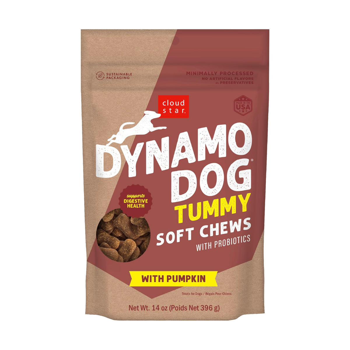 Cloud Star Dynamo Dog en empaque de 14 oz para snack conveniente.