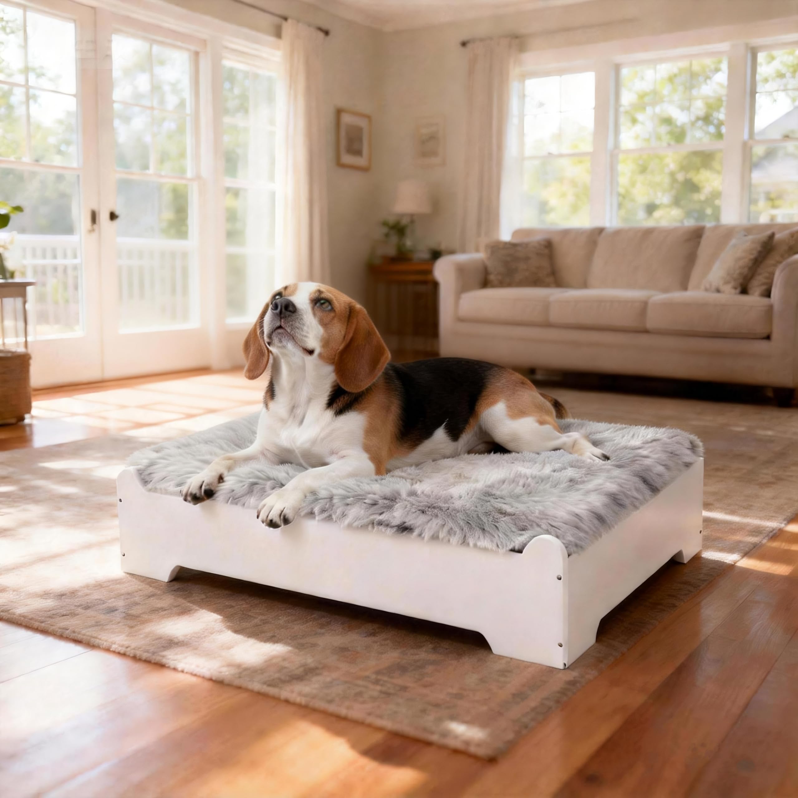 CLOUDBERG Cama perro elevada con base de madera blanca para mayor confort y ventilación.