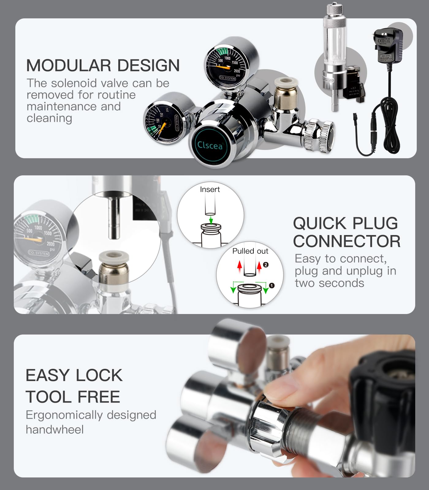 Clscea regulador CO2 de diseño modular para montaje sencillo.