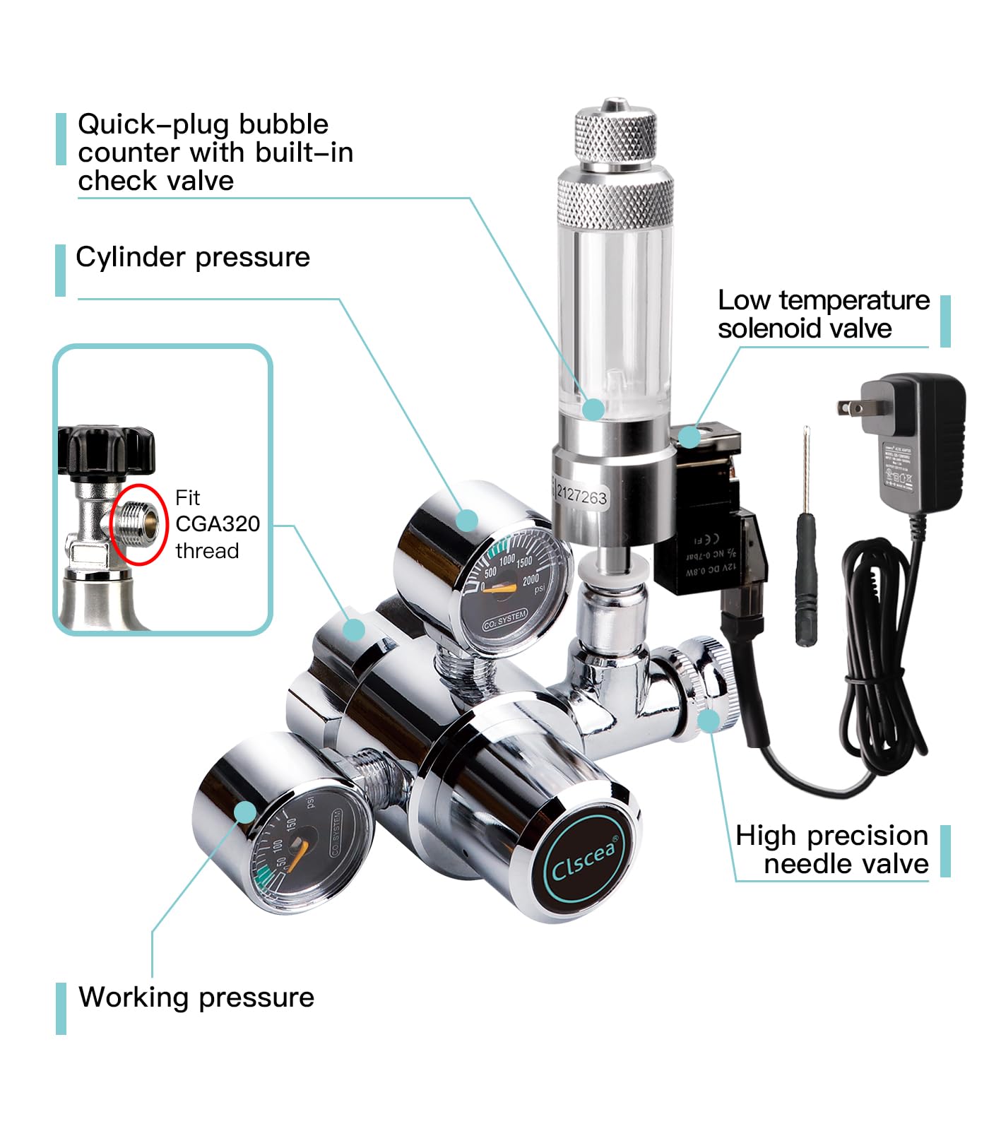 Clscea regulador CO2 con válvula solenoide de baja temperatura.