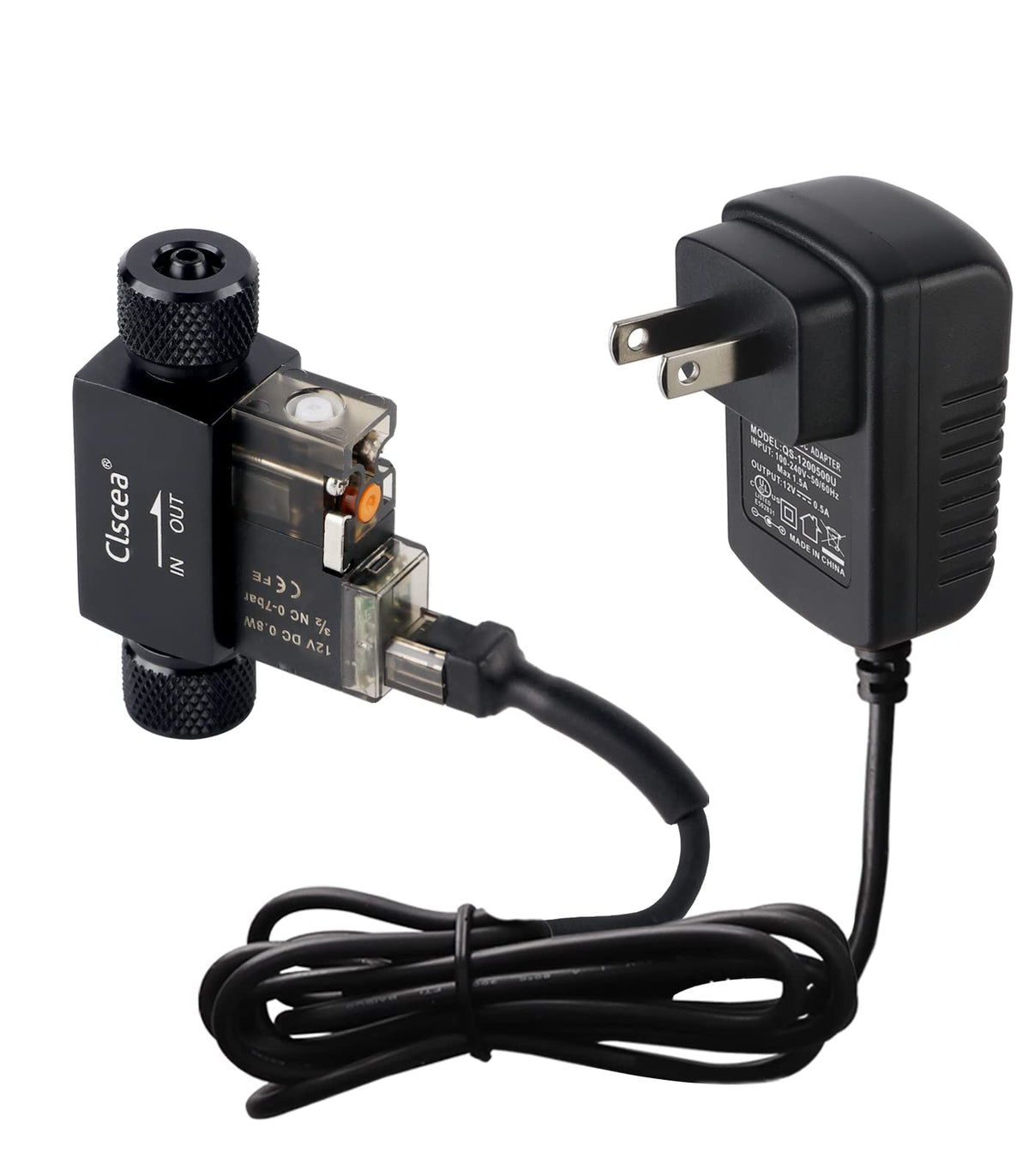 Clscea válvula solenoide inline, vista frontal, diseño compacto para acuario y bajo consumo.