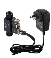 Clscea válvula solenoide inline, vista frontal, diseño compacto para acuario y bajo consumo.