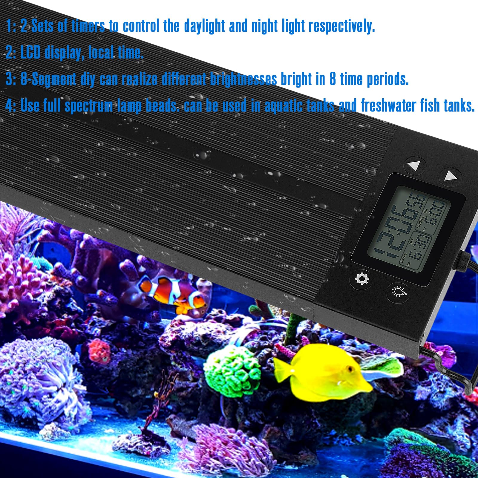 Ajuste de brillo CMOOD, controla intensidad para plantas y peces.