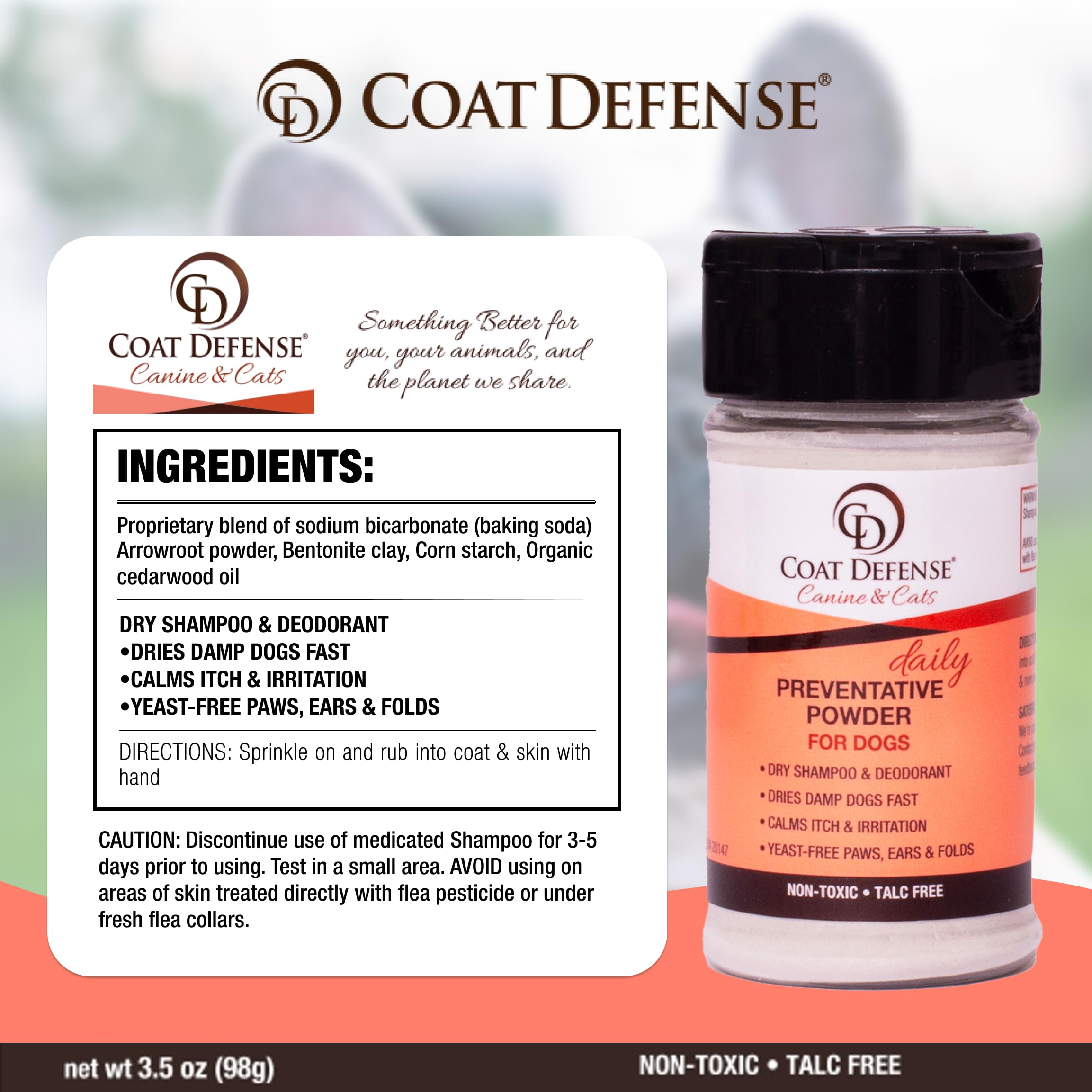 COAT DEFENSE Alivio suave para irritaciones cutáneas al usar el polvo.