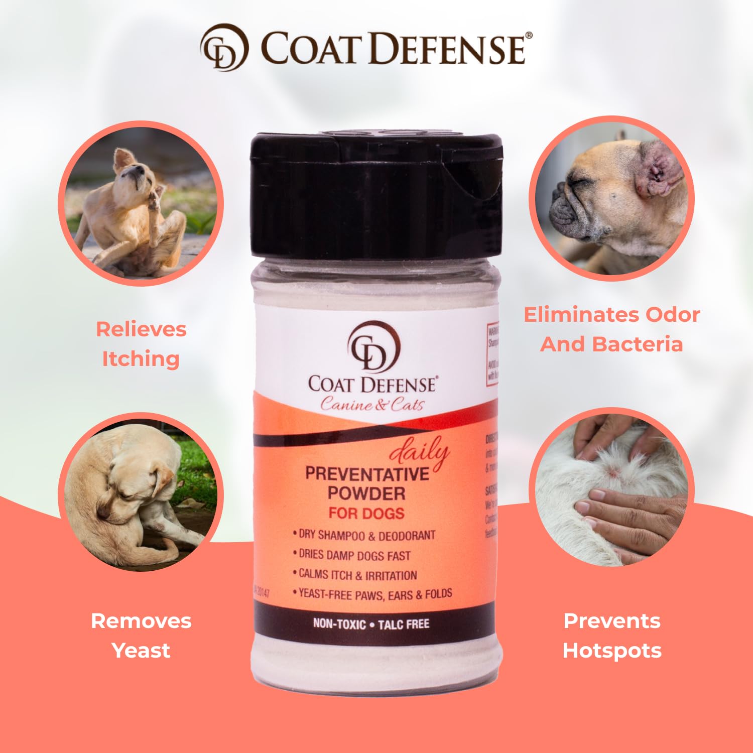 COAT DEFENSE Polvo para aplicación sobre el pelaje, mejora limpieza y control de olores.