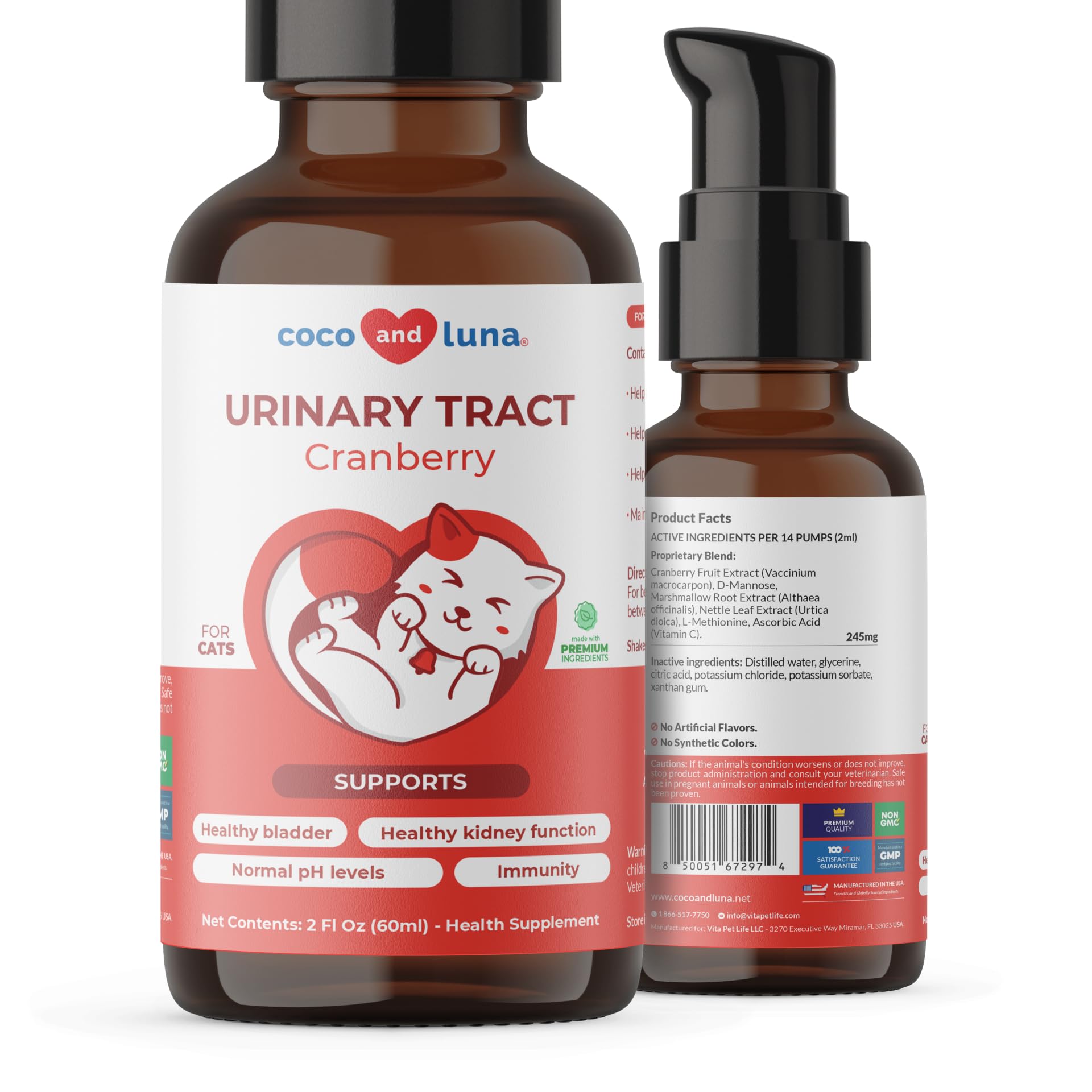 Coco y Luna Cranberry para gatos: botella de líquido para apoyar la salud urinaria.