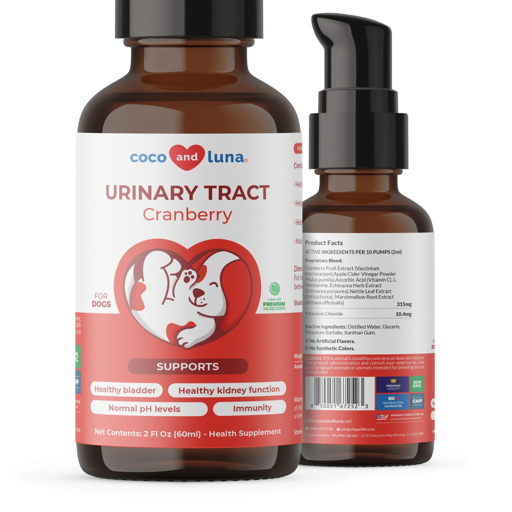 Coco y Luna Cranberry para perros, botella líquida, apoyo urinario.