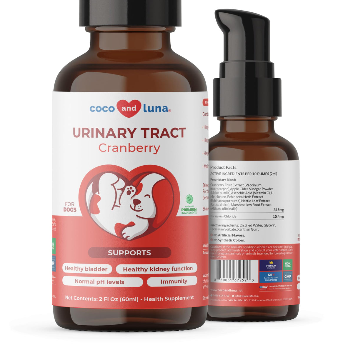 Coco y Luna Cranberry para perros, botella líquida, apoyo urinario.