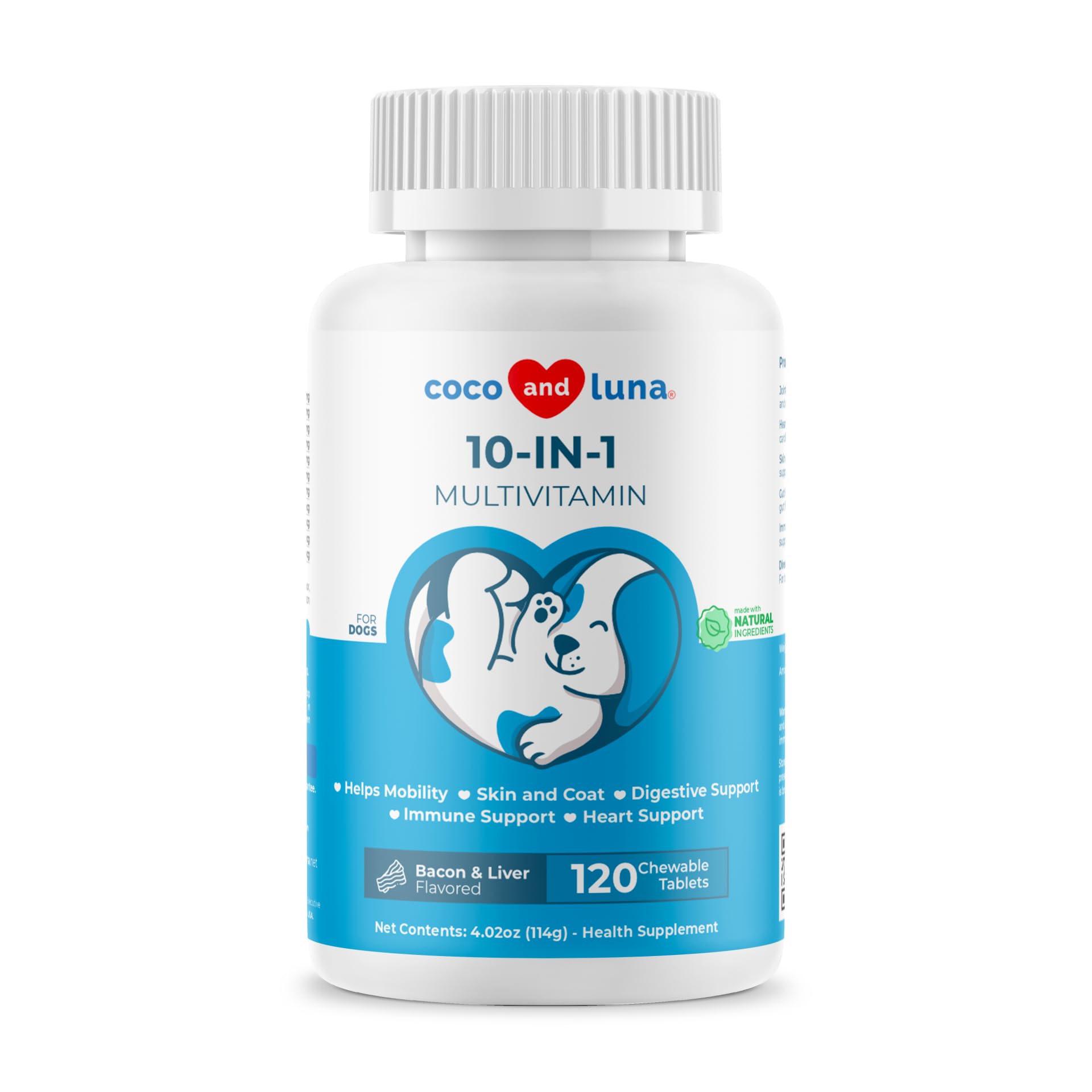 Coco y Luna multivitaminas para perros, envase frontal, apoyo nutricional diario.