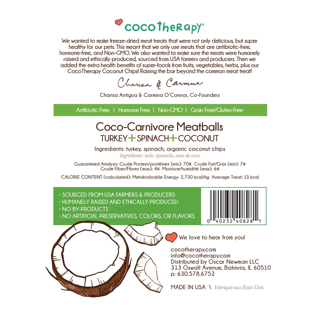 Ingredientes de grado humano en Coco-Carnivore, albóndigas de pavo.