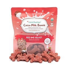 CocoTherapy Coco-Milk Bones Rojo Terciopelo empaquetado, premio sabroso para perros.