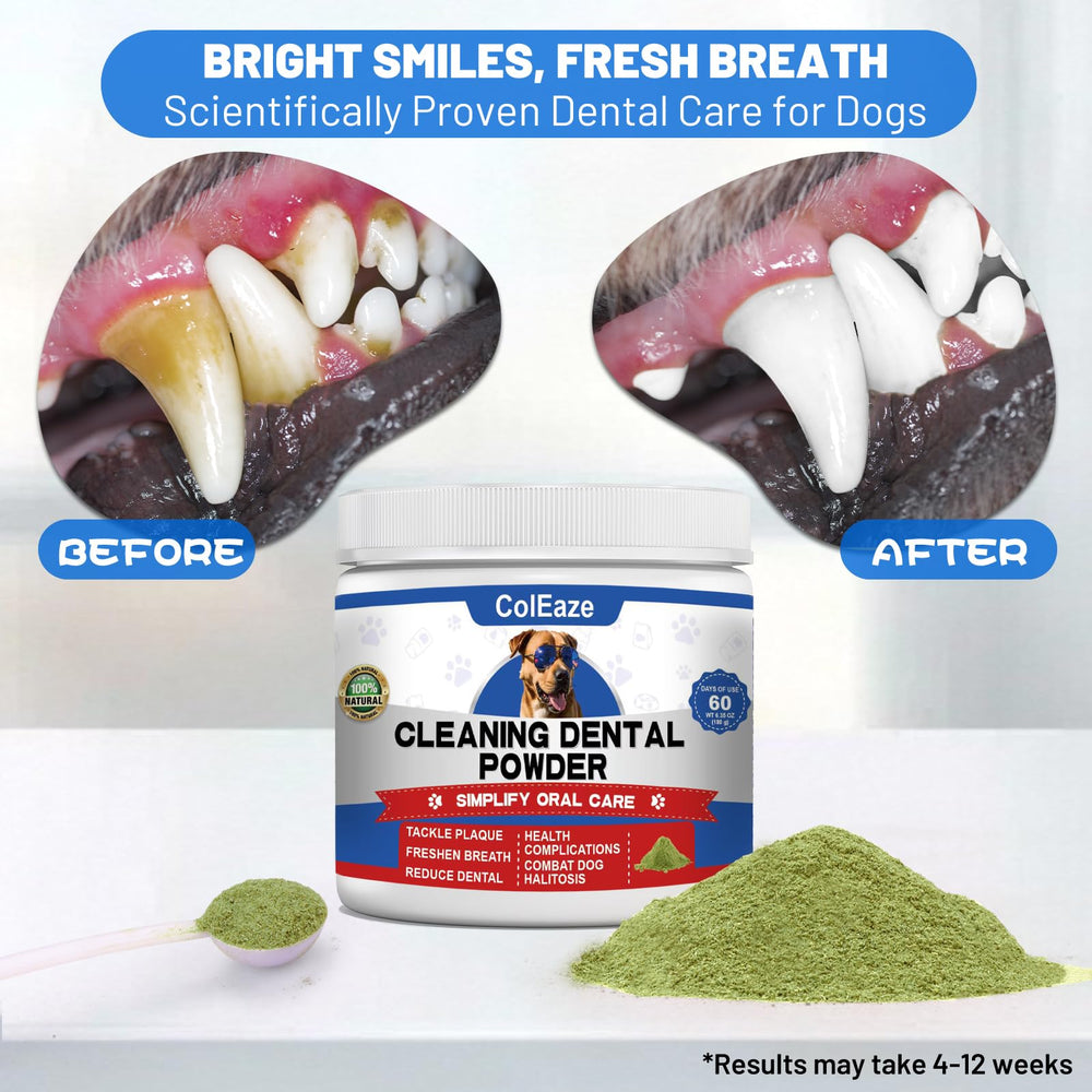 ColEaze-dientes-brillantes-perro-polvo, dientes más limpios con uso continuo.