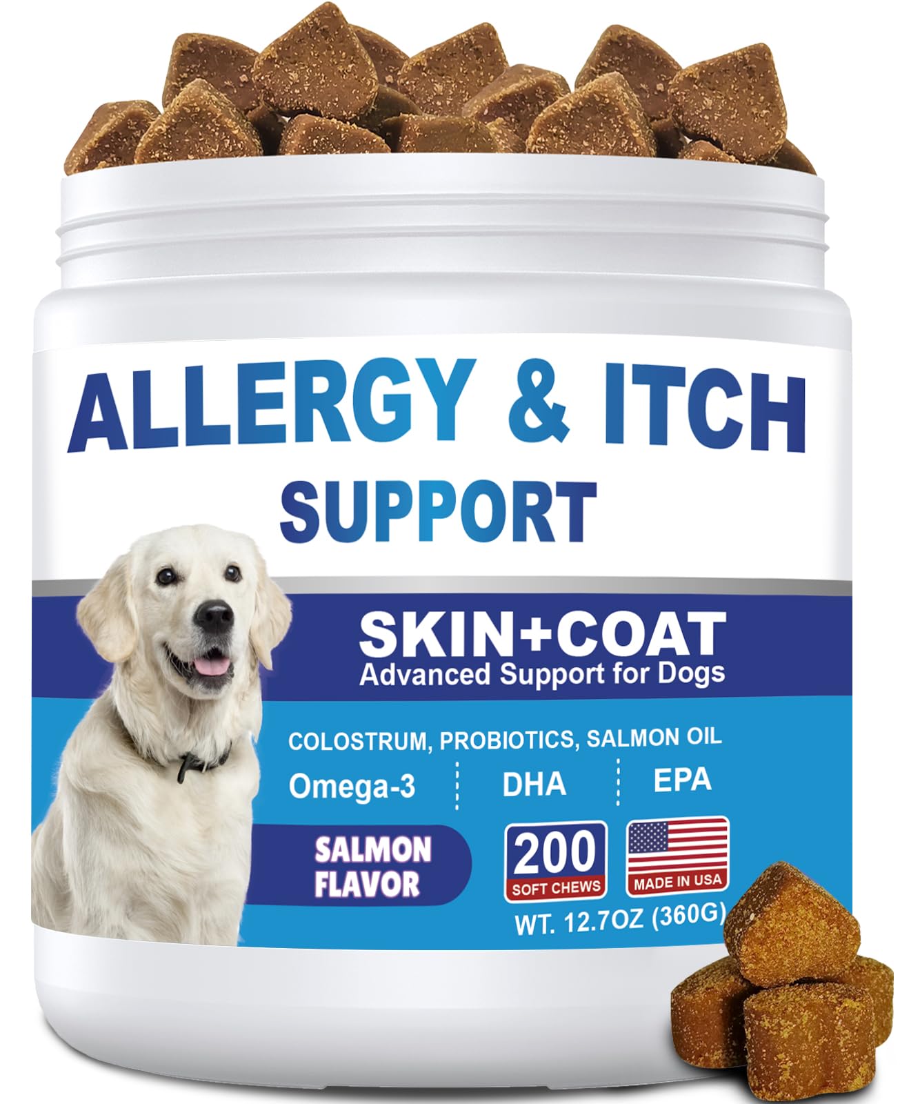 ColEaze gomitas alergia para perros, bote visible, apoyo a la piel y pelaje saludable